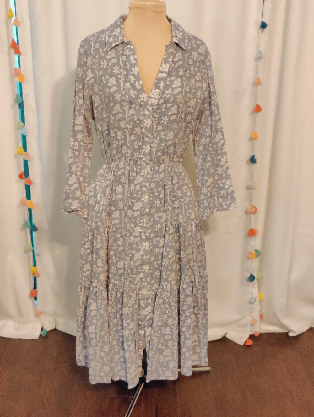 Hampton House colorblock Cotton Ditsy Floral Pastoral Ankle Dress French Blue M